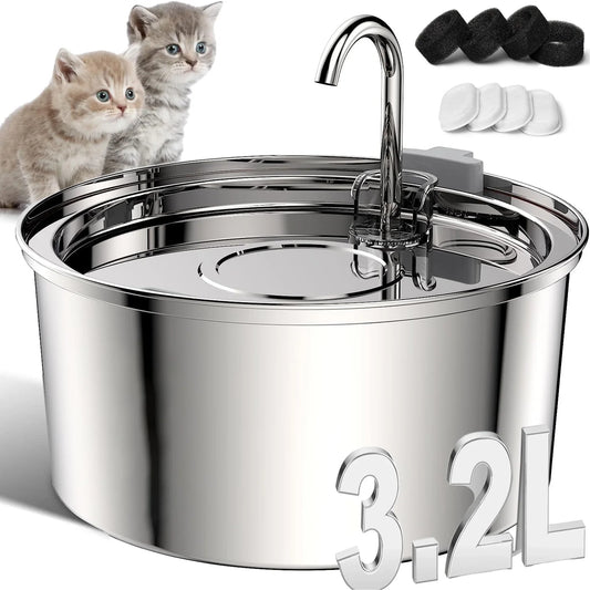 Cat Water Fountain Stainless Steel, 108Oz/3.2L Automatic Cat Fountain, Dog Water Dispenser, Super Silen, Multi-Filtration. Dishwasher Safe for Cats, Dogs, Multiple Pets(With 4Pcs Replacement Filter)